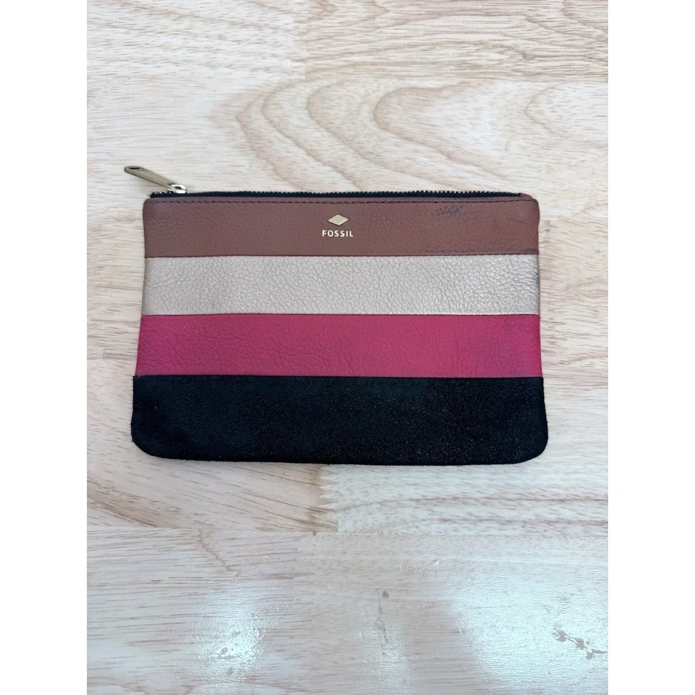 Fossil Leather Zip Pouch Clutch Colorblock Brown Pink Cosmetic Bag‎  #66